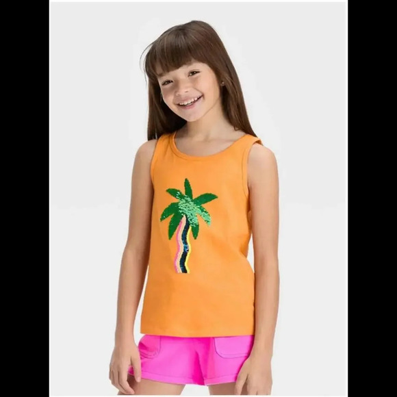NWT Cat & Jack Girls Size Large 10/12 Flip Sequin Palm Tree Orange Tank Top - Picture 1 of 16